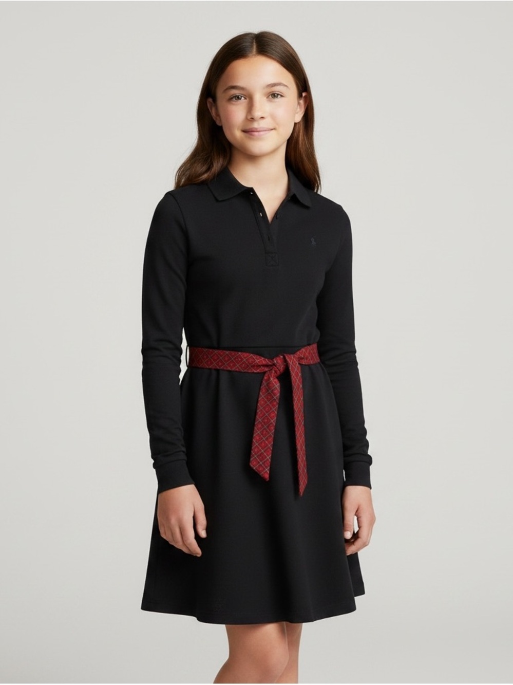 Ralph Lauren Black Long-Sleeve Polo Dress with Red Waist Tie NWT Size 12/14